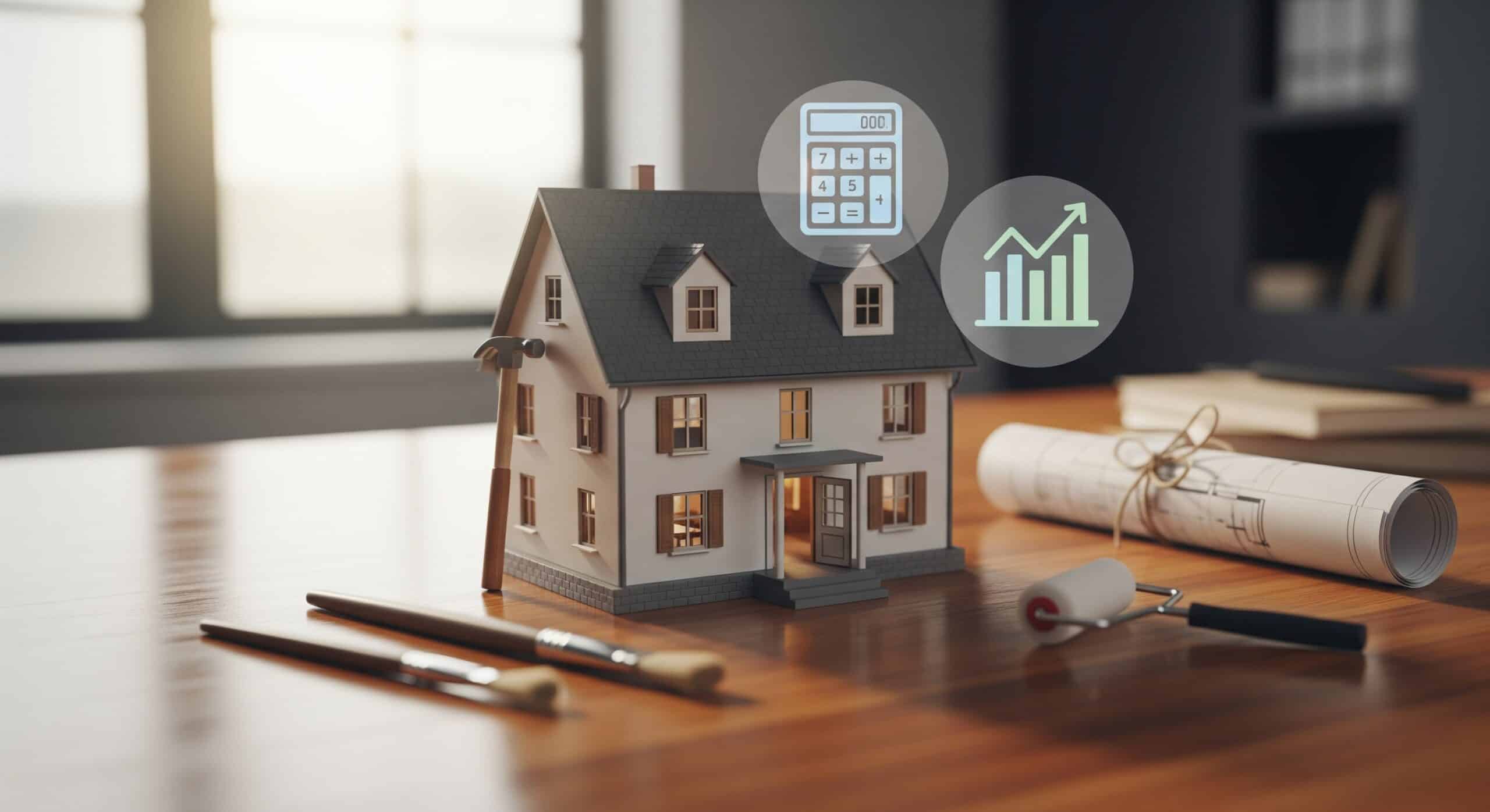 Miniature de maison sur un bureau avec calculette, graphique et plans flottants, illustrant comment hypothéquer pour obtenir des liquidités.