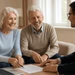 Un couple de seniors souriants dans leur maison lumineuse, discutant avec un conseiller financier autour d'un guide du prêt viager hypothécaire et d’un ordinateur portable.