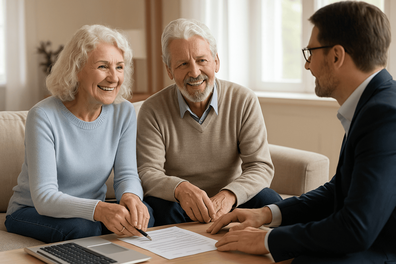 Un couple de seniors souriants dans leur maison lumineuse, discutant avec un conseiller financier autour d'un guide du prêt viager hypothécaire et d’un ordinateur portable.