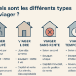 Un schéma illustrant les différents types de viager (occupé, libre, temporaire, sans rente) avec des icônes de maisons et de rentes.