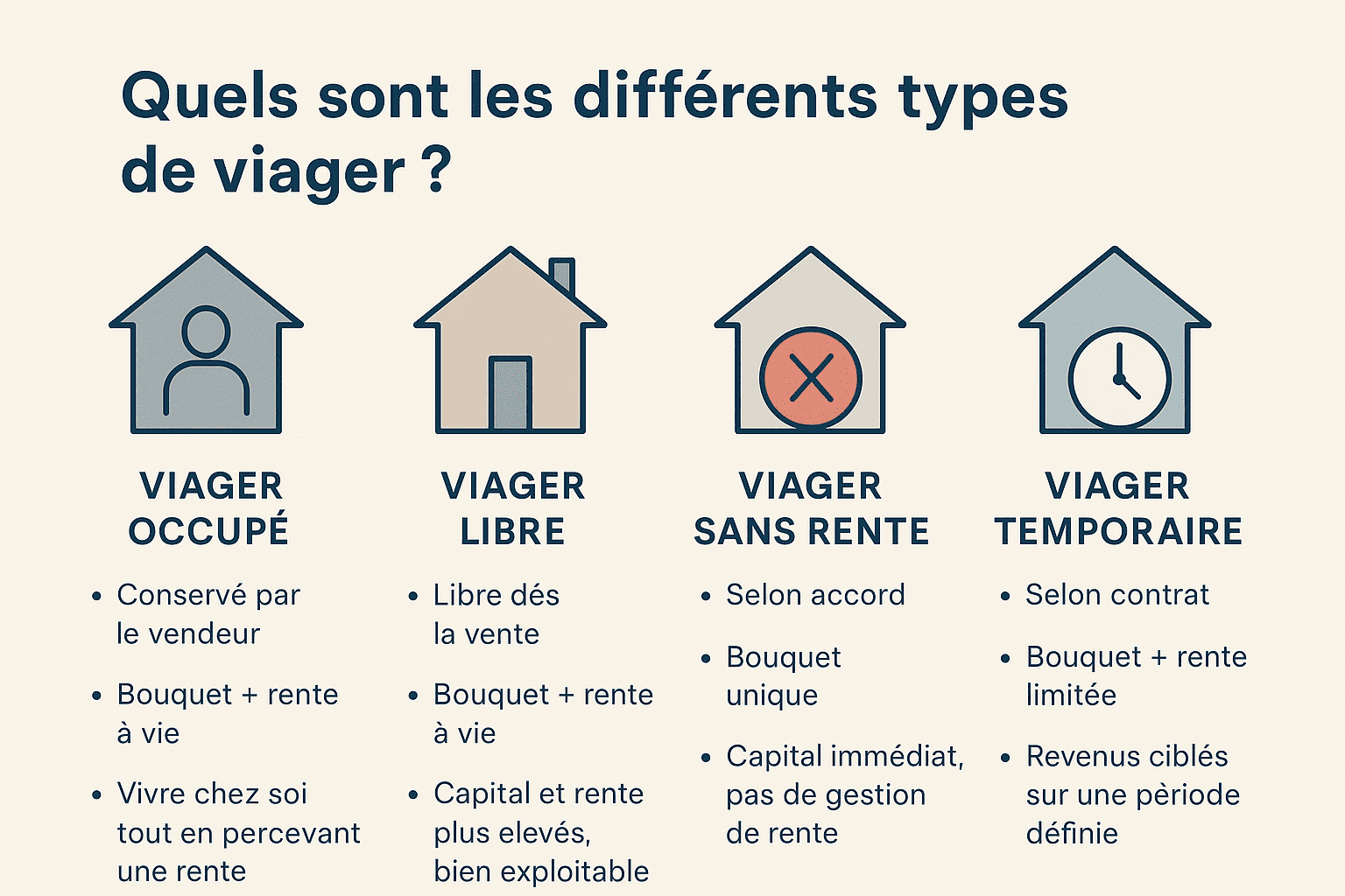 Un schéma illustrant les différents types de viager (occupé, libre, temporaire, sans rente) avec des icônes de maisons et de rentes.