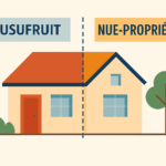 Illustration explicative représentant la différence entre l’usufruit et la nue-propriété : une maison est divisée en deux parties par une ligne pointillée verticale, avec à gauche la mention « USUFRUIT » et à droite « NUE-PROPRIÉTÉ »