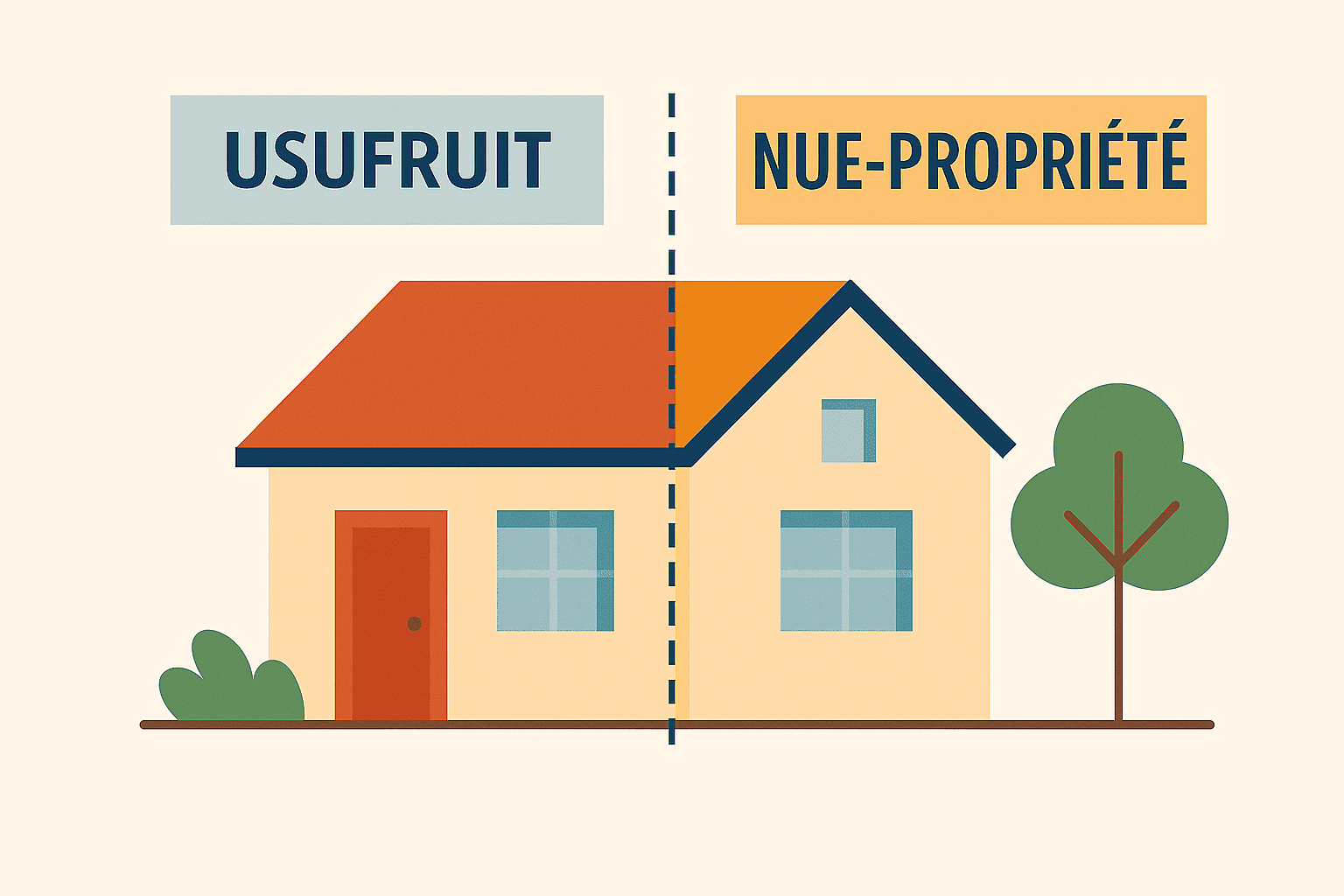 Illustration explicative représentant la différence entre l’usufruit et la nue-propriété : une maison est divisée en deux parties par une ligne pointillée verticale, avec à gauche la mention « USUFRUIT » et à droite « NUE-PROPRIÉTÉ »