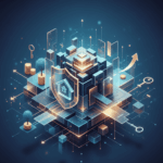 Représentation abstraite et futuriste d'une structure cubique complexe et lumineuse, symbolisant la gestion de patrimoine et l'acquisition immobilière en SCI. On y voit des éléments clés comme un bouclier avec une icône de maison (protection du patrimoine), des flèches et des graphiques montants (croissance et stratégie), des pièces de monnaie et des clés (finance et propriété). La palette de couleurs est bleu foncé avec des accents or et cyan lumineux.