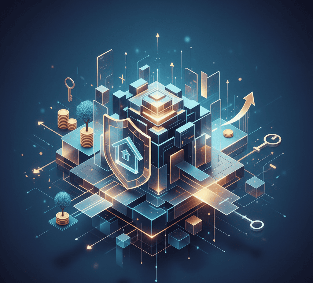 Représentation abstraite et futuriste d'une structure cubique complexe et lumineuse, symbolisant la gestion de patrimoine et l'acquisition immobilière en SCI. On y voit des éléments clés comme un bouclier avec une icône de maison (protection du patrimoine), des flèches et des graphiques montants (croissance et stratégie), des pièces de monnaie et des clés (finance et propriété). La palette de couleurs est bleu foncé avec des accents or et cyan lumineux.