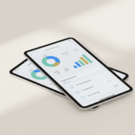 Visualisation épurée d'un portefeuille numérique ouvert sur un fond clair, présentant des graphiques de répartition d'actifs clairs et des documents patrimoniaux organisés, soulignant la gestion des cryptoactifs et patrimoine de manière intuitive et accessible.