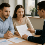 Un couple discute avec un conseiller financier dans un bureau lumineux, avec un dossier de prêt immobilier et des graphiques de patrimoine sur la table ils envisagent un financement patrimonial