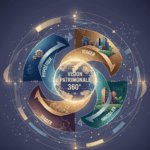 Illustration abstraite et professionnelle représentant le financement patrimonial global avec une vision 360 degrés. Des flèches circulaires symbolisent l'hypothèque, le viager et l'immobilier, convergeant vers une sphère centrale où est inscrit "VISION PATRIMONIALE 360°". Le design utilise des tons bleus, or et bruns avec un fond abstrait de lignes et de points lumineux, évoquant la connectivité et la complexité d'un système financier.