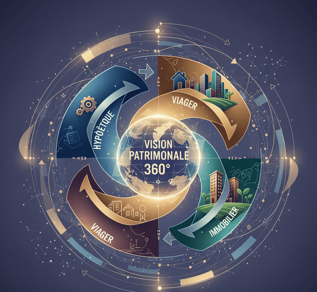 Illustration abstraite et professionnelle représentant le financement patrimonial global avec une vision 360 degrés. Des flèches circulaires symbolisent l'hypothèque, le viager et l'immobilier, convergeant vers une sphère centrale où est inscrit "VISION PATRIMONIALE 360°". Le design utilise des tons bleus, or et bruns avec un fond abstrait de lignes et de points lumineux, évoquant la connectivité et la complexité d'un système financier.