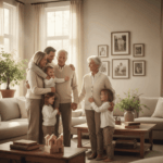 Famille de plusieurs générations réunie dans une maison lumineuse, illustrant la grande transmission de patrimoine entre générations.