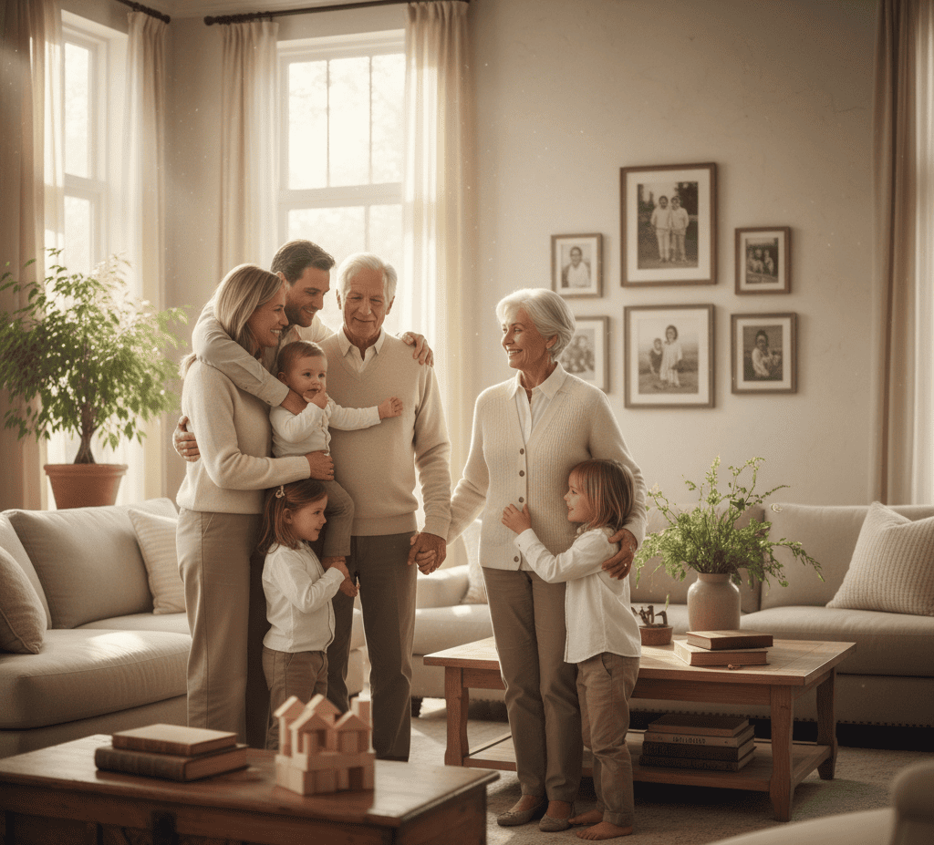 Famille de plusieurs générations réunie dans une maison lumineuse, illustrant la grande transmission de patrimoine entre générations.