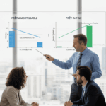 Un conseiller explique les différences entre prêt amortissable et in fine à un couple devant un graphique comparatif sur le prêt de trésorerie hypothécaire amortissable ou in fine