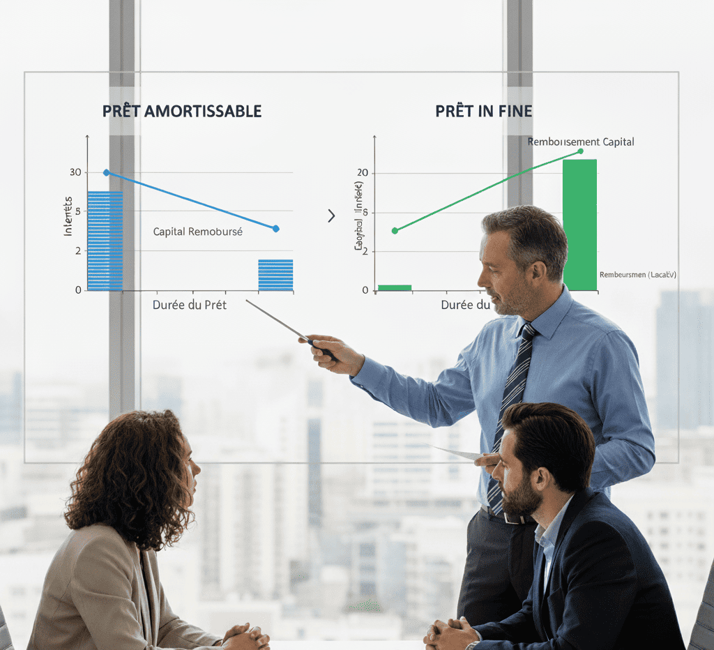 Un conseiller explique les différences entre prêt amortissable et in fine à un couple devant un graphique comparatif sur le prêt de trésorerie hypothécaire amortissable ou in fine