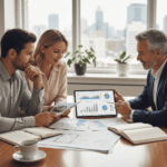 Un couple attentif consulte un conseiller financier expérimenté, étudiant des documents et des graphiques détaillés sur une tablette, pour évaluer les meilleures stratégies pour investir en SCPI à crédit, dans un bureau moderne avec vue sur la ville.