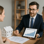 Un conseiller montre à un couple une maquette immobilière et un graphique de rentabilité, illustrant les nouvelles solutions d’investissement immobilier pour construire son patrimoine