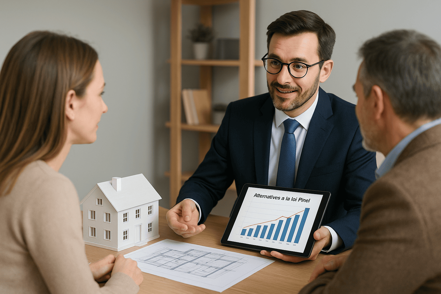 Un conseiller montre à un couple une maquette immobilière et un graphique de rentabilité, illustrant les nouvelles solutions d’investissement immobilier pour construire son patrimoine