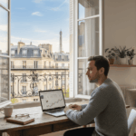 Homme concentré sur son ordinateur portable dans un appartement parisien avec une vue sur la Tour Eiffel. Il étudie les graphiques financiers et les opportunités pour monétiser son bien sans vendre