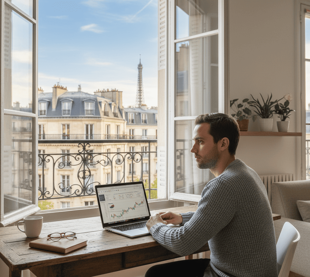 Homme concentré sur son ordinateur portable dans un appartement parisien avec une vue sur la Tour Eiffel. Il étudie les graphiques financiers et les opportunités pour monétiser son bien sans vendre