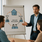 Un conseiller explique le fonctionnement du portage immobilier à un couple devant un graphique clair et lumineux.