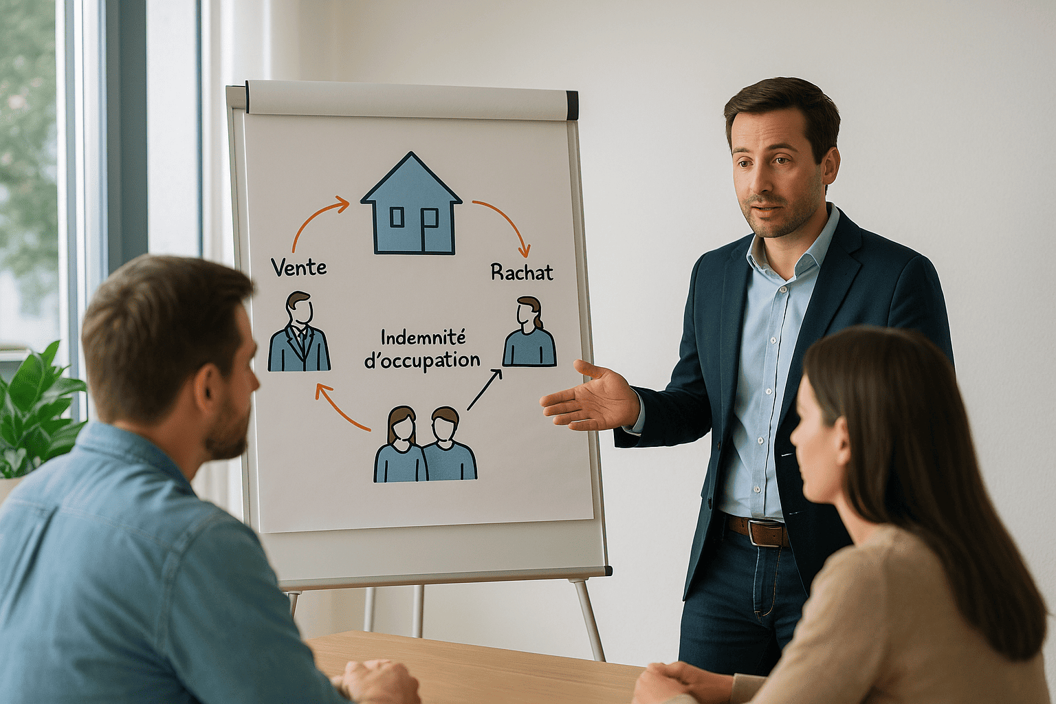 Un conseiller explique le fonctionnement du portage immobilier à un couple devant un graphique clair et lumineux.