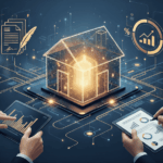 Illustration professionnelle et abstraite représentant une maison ou un immeuble (symbole du prêt hypothécaire) agissant comme garantie financière. L'image intègre des éléments visuels liés à la fiscalité et à la stratégie patrimoniale, tels que des documents officiels, des signatures et des graphiques, dans une composition moderne et épurée. Le design utilise des teintes de bleu marine, d'or et de blanc, dans un format horizontal de type bannière pour évoquer la confiance, la stabilité et l'expertise dans le domaine du prêt hypothécaire et de la fiscalité.