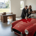 Voiture d'un conseiller et d'un client devant une voiture de collection pour financer une voiture de collection avec un prêt trésorerie hypothécaire