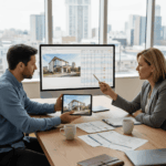 Un indépendant discute avec une conseillère financière, visualisant des données sur un écran d'ordinateur et une tablette montrant une propriété. Ils évaluent ensemble les options de prêt hypothécaire pour indépendants en fonction de la valeur du bien et des revenus.