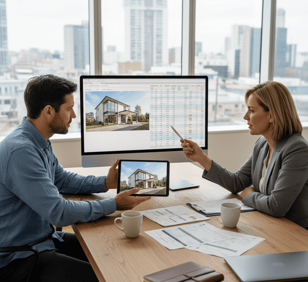 Un indépendant discute avec une conseillère financière, visualisant des données sur un écran d'ordinateur et une tablette montrant une propriété. Ils évaluent ensemble les options de prêt hypothécaire pour indépendants en fonction de la valeur du bien et des revenus.