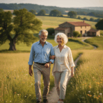 Un couple de retraités souriants et heureux se promène main dans la main sur un chemin de terre à travers une campagne verdoyante, avec une maison de campagne en arrière-plan. L'image évoque la tranquillité et la transmission du patrimoine, en lien avec le prêt viager hypothécaire pour financer une donation et permettre aux seniors de profiter de leur retraite tout en aidant leurs proches.