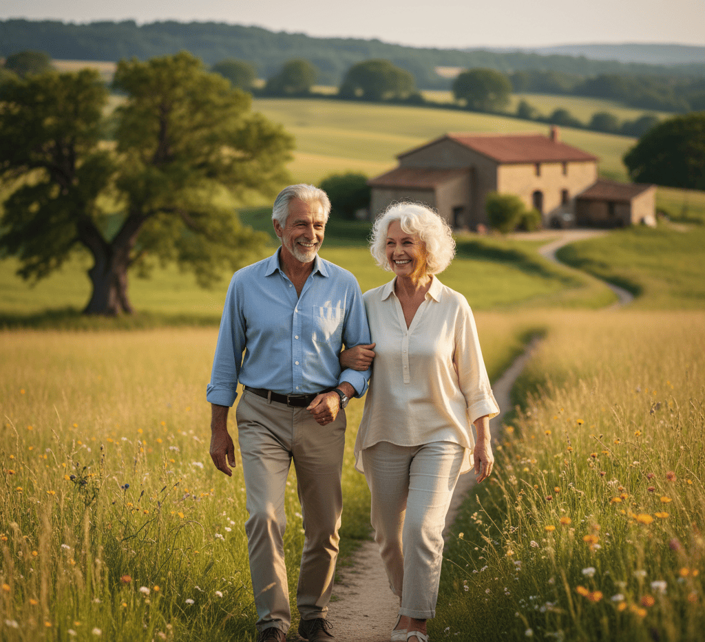 Un couple de retraités souriants et heureux se promène main dans la main sur un chemin de terre à travers une campagne verdoyante, avec une maison de campagne en arrière-plan. L'image évoque la tranquillité et la transmission du patrimoine, en lien avec le prêt viager hypothécaire pour financer une donation et permettre aux seniors de profiter de leur retraite tout en aidant leurs proches.