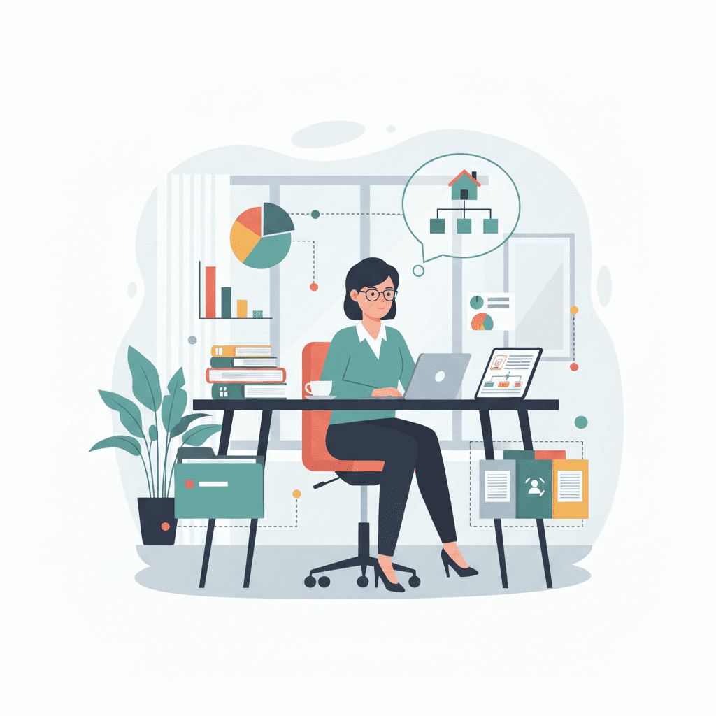 Illustration professionnelle et moderne d'une femme assise à son bureau, travaillant sur un ordinateur portable et entourée de graphiques et de documents financiers. Une bulle de pensée montre un organigramme de maison, symbolisant la planification et l'organisation pour structurer son patrimoine de manière efficace.