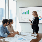 Dans une ambiance professionnelle et lumineuse, un conseiller immobilier présente un tableau comparatif graphique à un couple attentif, illustrant les options pour valoriser votre patrimoine avec des plans et des documents.