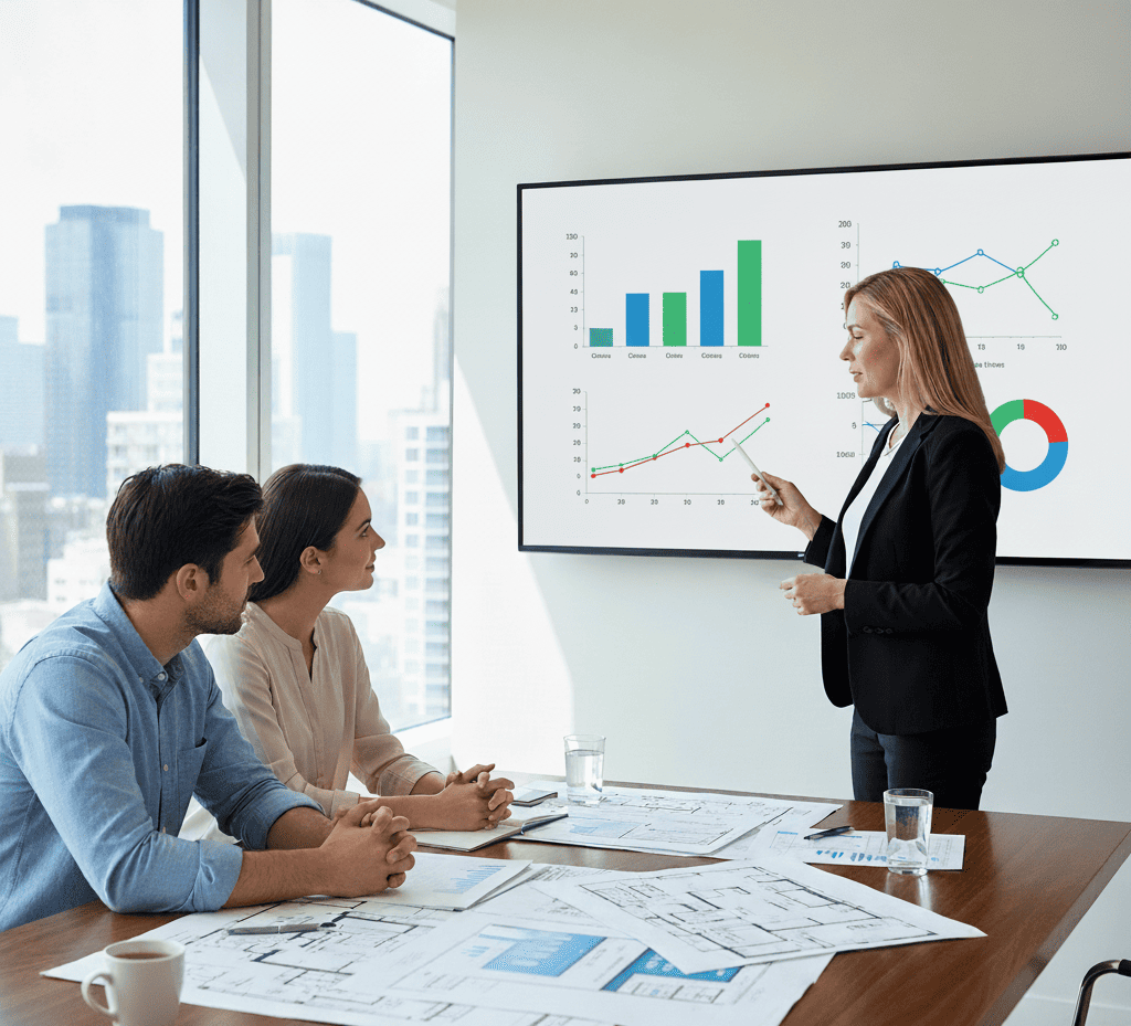 Dans une ambiance professionnelle et lumineuse, un conseiller immobilier présente un tableau comparatif graphique à un couple attentif, illustrant les options pour valoriser votre patrimoine avec des plans et des documents.