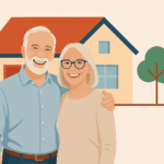 Un couple de retraités souriant se tient enlacé devant sa maison, illustrant les solutions patrimoniales telles que le viager hypothécaire ou la vente en viager, symboles de sérénité et de sécurité financière à la retraite.