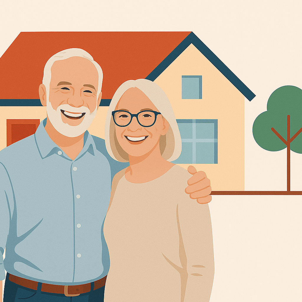 Un couple de retraités souriant se tient enlacé devant sa maison, illustrant les solutions patrimoniales telles que le viager hypothécaire ou la vente en viager, symboles de sérénité et de sécurité financière à la retraite.