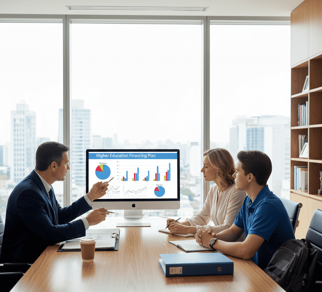 un conseiller recoit un parent et son enfant pour discuter du financement des études supérieures avec le prêt hypothécaire