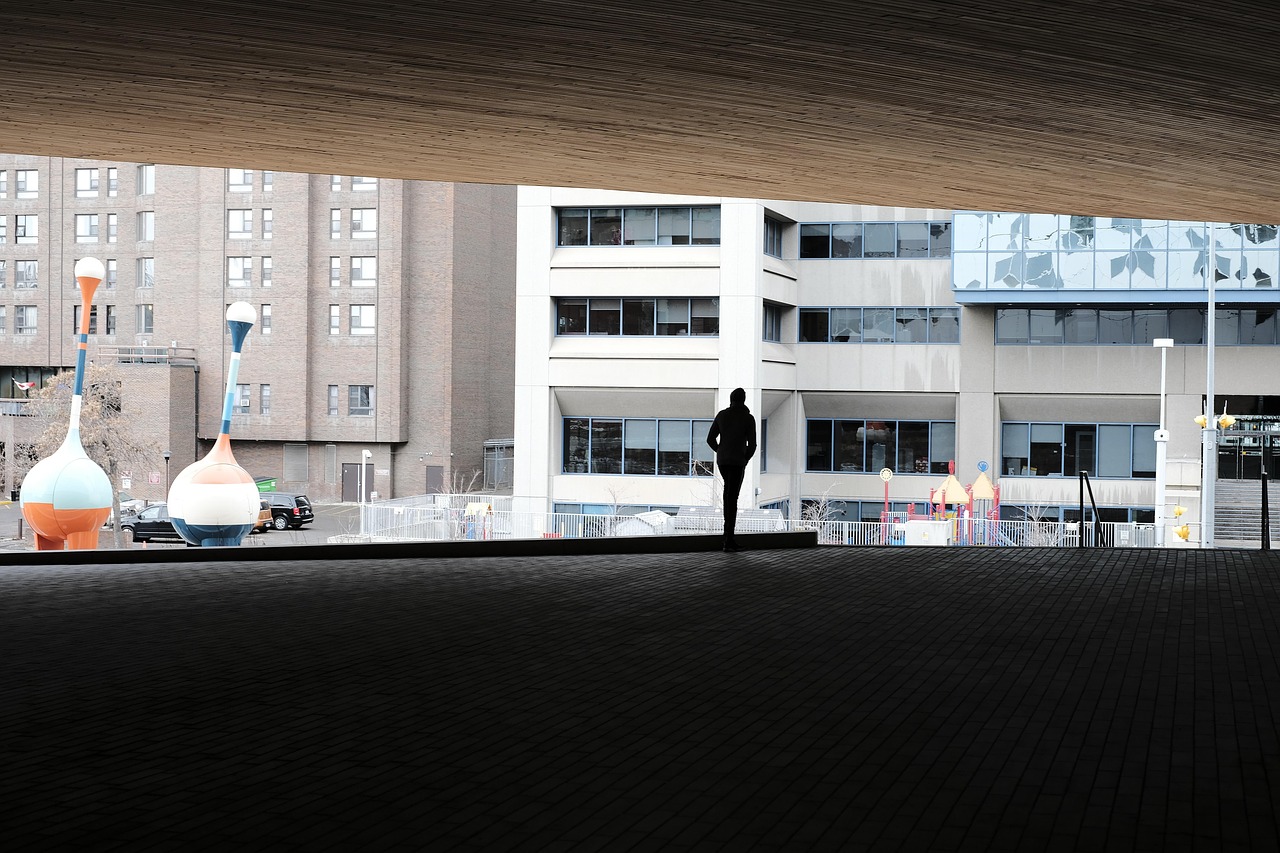 Silhouette d'une personne de dos, debout sous un large plafond moderne en bois, regardant vers un paysage urbain. Au second plan, on aperçoit des immeubles de bureaux aux façades sobres et des sculptures extérieures colorées en forme de quilles géantes. L'espace au premier plan est plongé dans l'ombre, créant un contraste marqué avec la luminosité de la ville à l'extérieur.