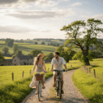 Couple marié, visiblement complice, profitant d'une balade à vélo sur un chemin pavé à la campagne. Cette image évoque le partage et la sécurité de l'avenir dans le cadre de l'article protéger son conjoint en cas de décès