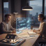 Un conseiller financier et une cliente sont assis à un bureau moderne. Entre eux, un hologramme lumineux affiche des graphiques et la mention « PRÊT IN FINE », avec une maquette de maison éclairée au premier plan. L'image illustre le fonctionnement d'un prêt hypothécaire in fine.