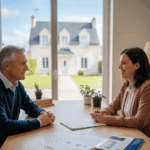 Un homme senior souriant et une conseillère financière discutent autour d'une table avec des documents concernant un prêt senior sans remboursement de mensualité. En arrière-plan, à travers une grande fenêtre, on aperçoit clairement une maison familiale française typique et lumineuse.