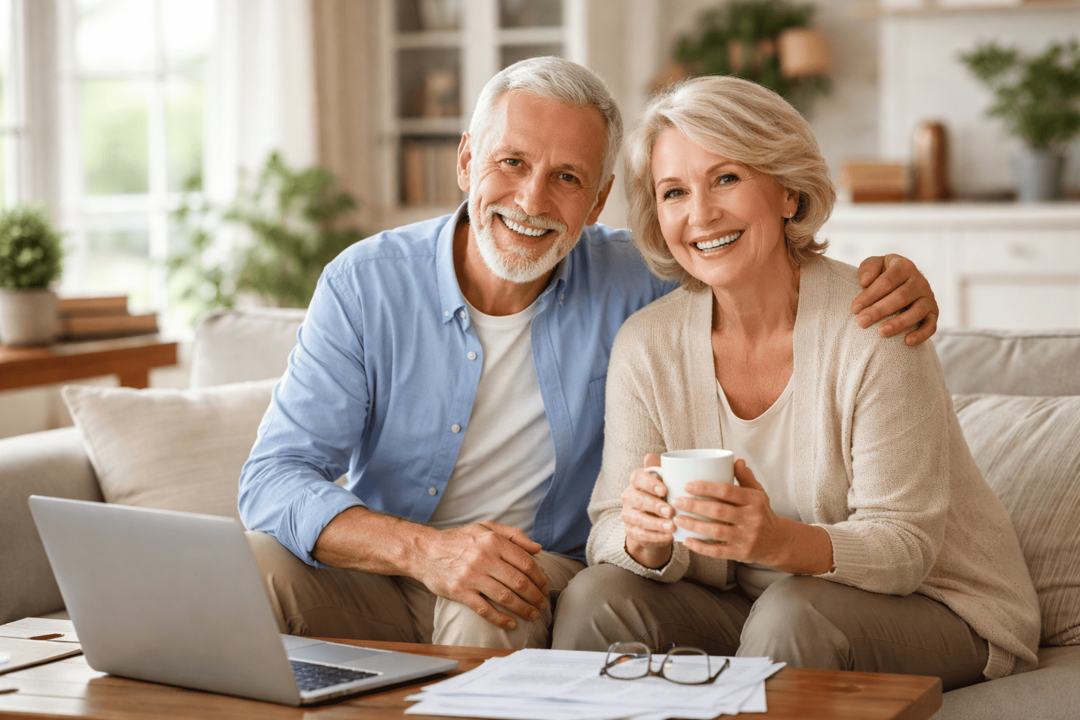Couple de seniors souriant dans un salon, illustrant le prêt viager hypothécaire et l’obtention de liquidités sans vendre son logement