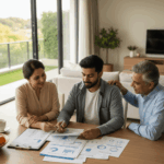 photo d'une famille étudiant des documents représentant prêt hypothécaire pour aider financièrement ses enfants adultes