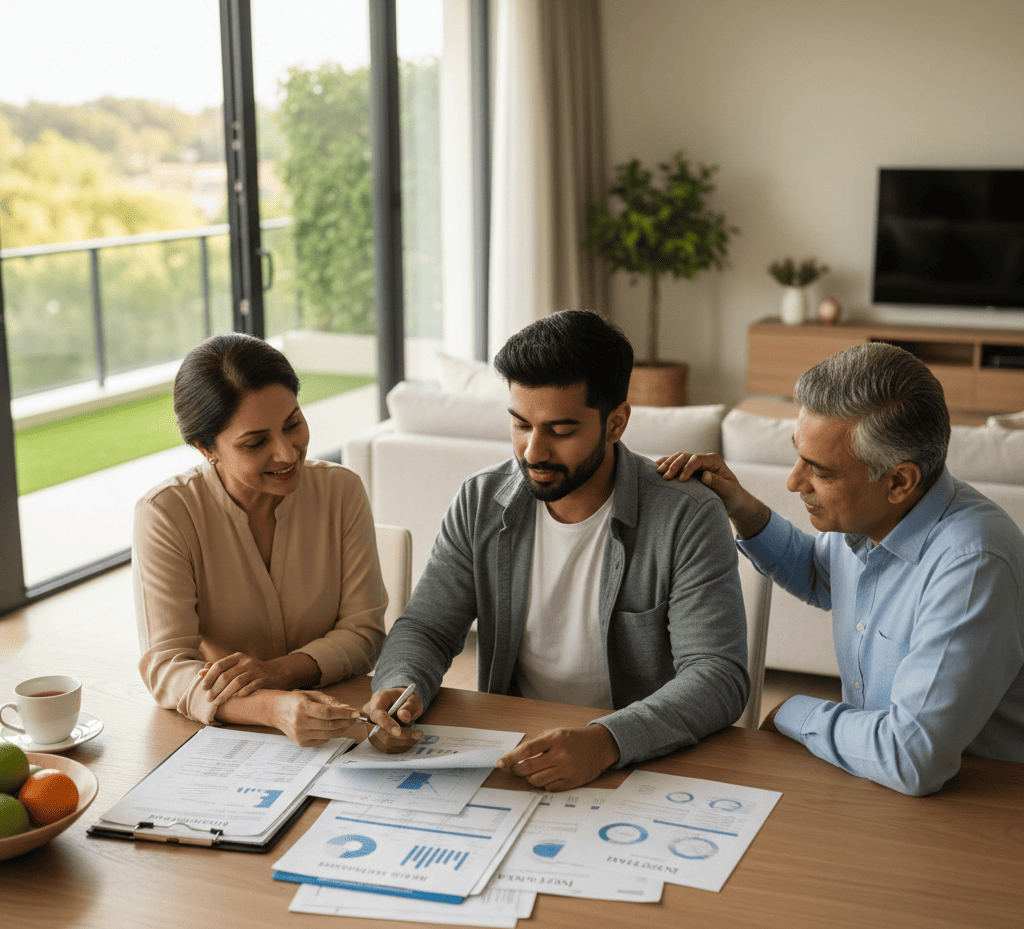 photo d'une famille étudiant des documents représentant prêt hypothécaire pour aider financièrement ses enfants adultes