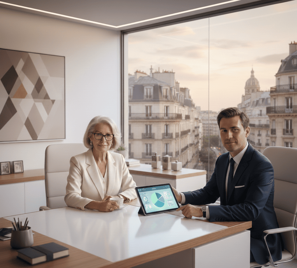 senior en rendez vous avec son conseiller financier pour transformer son patrimoine immobilier en rente sans viager