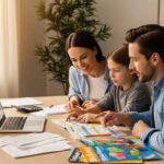 Famille devant un bureau gérant leurs finances, illustration d’un conseil budget pour alléger les charges et maîtriser les crédits et l'endettement.