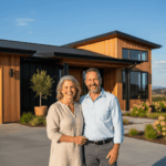 Photo réaliste d'un couple d'âge moyen, souriant et épanoui, posant devant leur maison d'architecte moderne. La villa combine bois naturel et finitions sombres avec de grandes baies vitrées. Lumière de fin de journée dorée, suggérant la réussite et la sérénité patrimoniale.