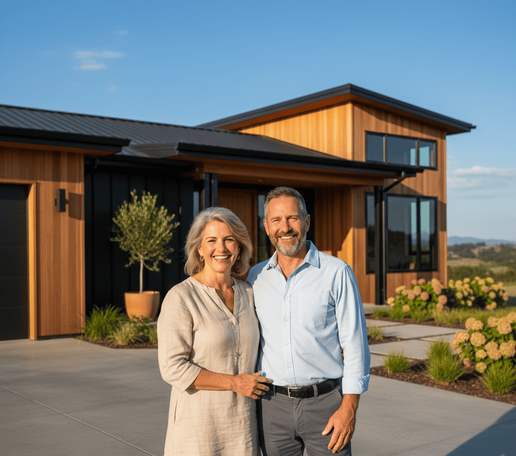 Photo réaliste d'un couple d'âge moyen, souriant et épanoui, posant devant leur maison d'architecte moderne. La villa combine bois naturel et finitions sombres avec de grandes baies vitrées. Lumière de fin de journée dorée, suggérant la réussite et la sérénité patrimoniale.