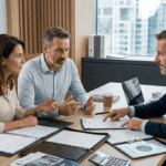 Une photographie professionnelle montrant un couple d'une quarantaine d'années en pleine discussion avec un conseiller en gestion de patrimoine dans un bureau moderne. Ils sont assis autour d'une table en bois clair parsemée de dossiers ouverts, de graphiques financiers, d'une calculatrice et de tasses de café.