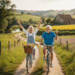 couple senior heureux faisant du vélo à la campagne