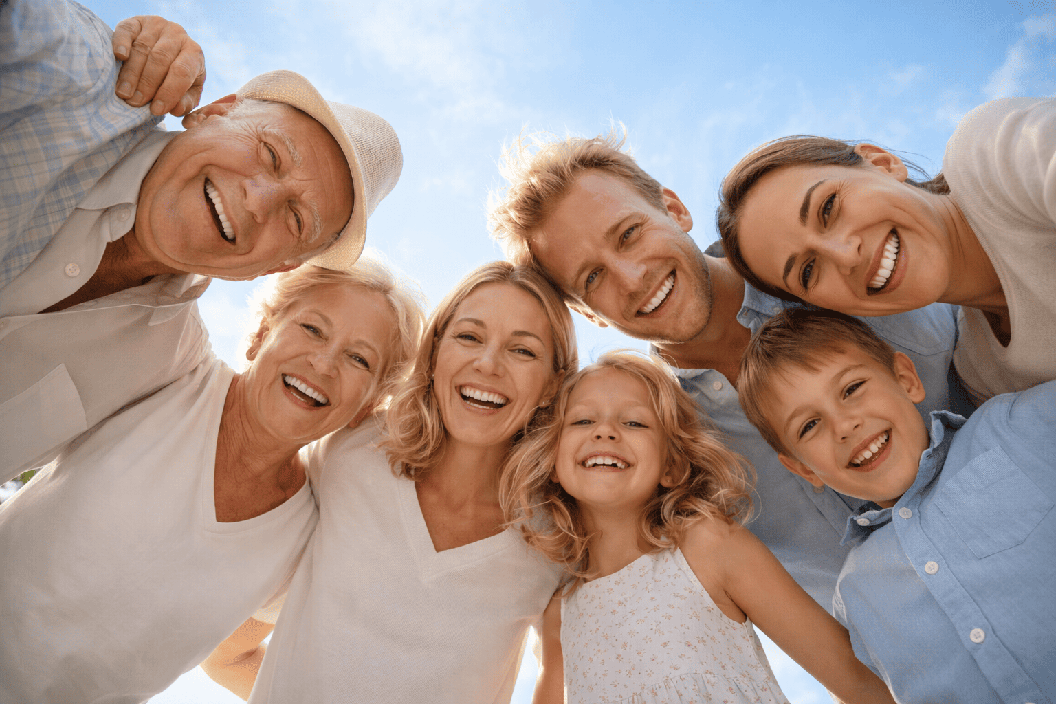 Famille multigénérationnelle souriante réunissant grands-parents, parents et enfants, photographiée en contre-plongée à l’extérieur sous un ciel bleu lumineux, ambiance chaleureuse et rassurante.